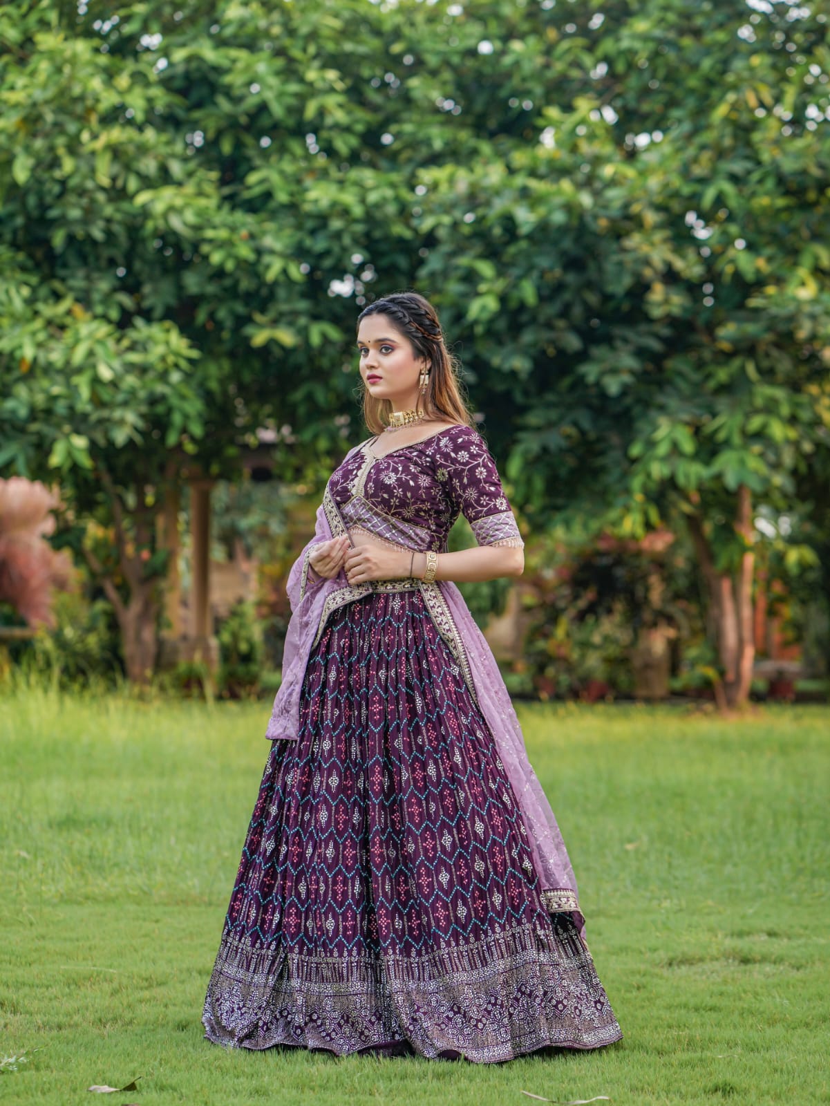 Wine Varnish Couple Lahenga Choli