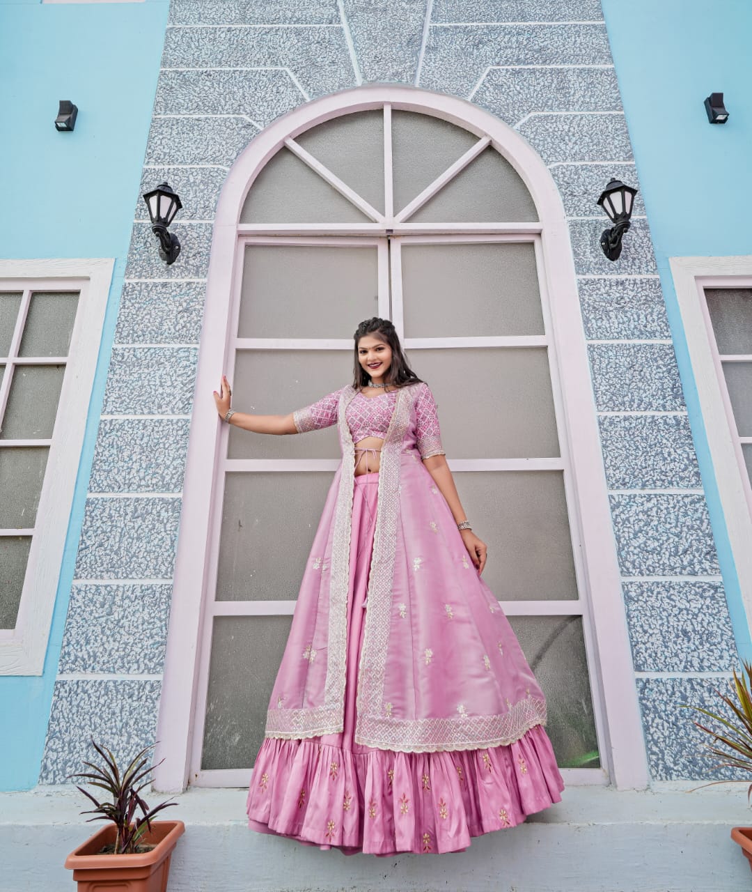 Butterfly Pink Shrug Indo-Western Style Lehenga