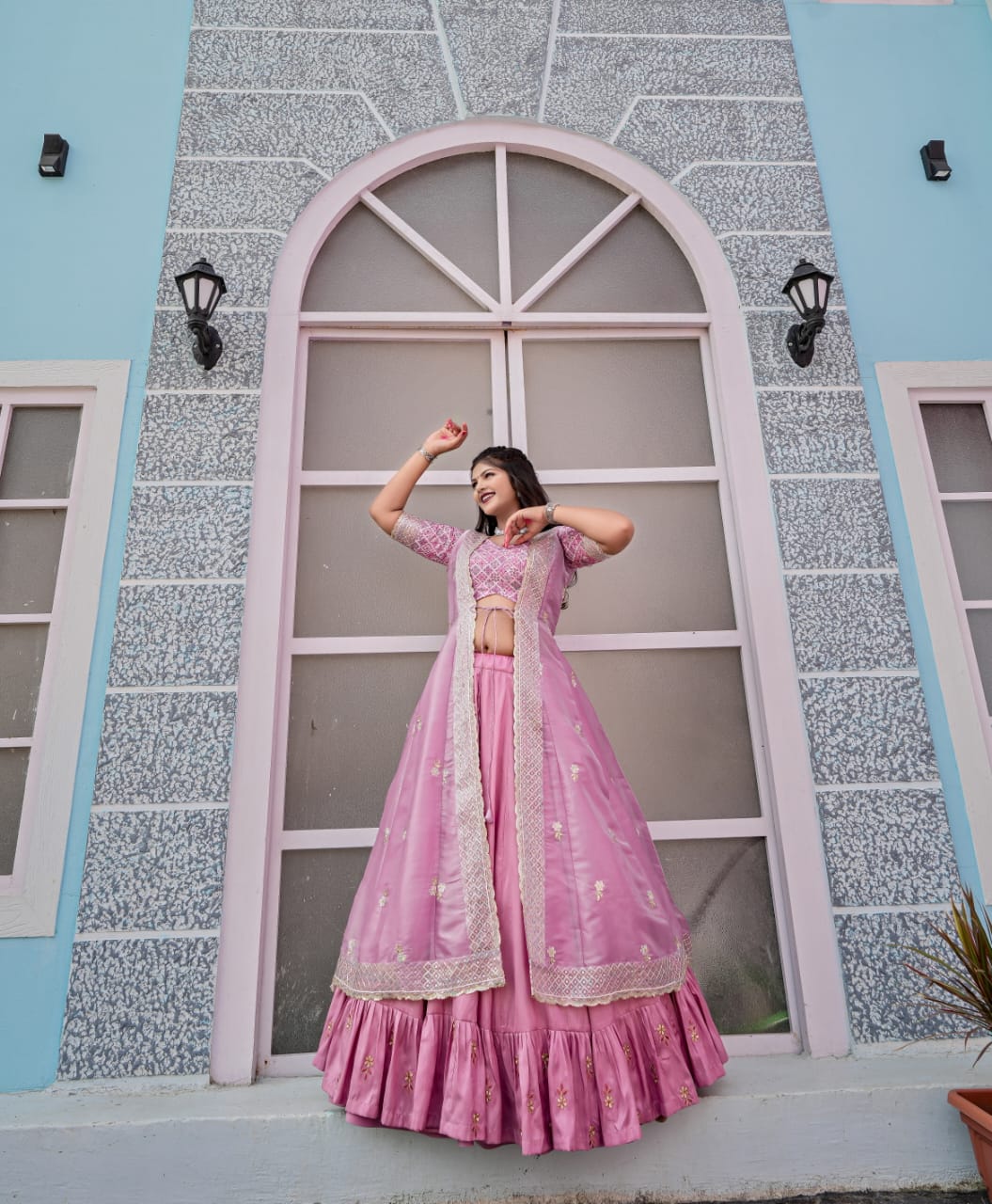 Butterfly Pink Shrug Indo-Western Style Lehenga