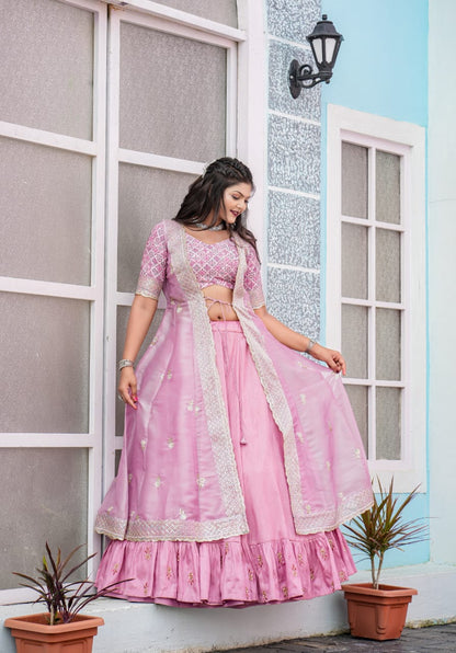 Butterfly Pink Shrug Indo-Western Style Lehenga