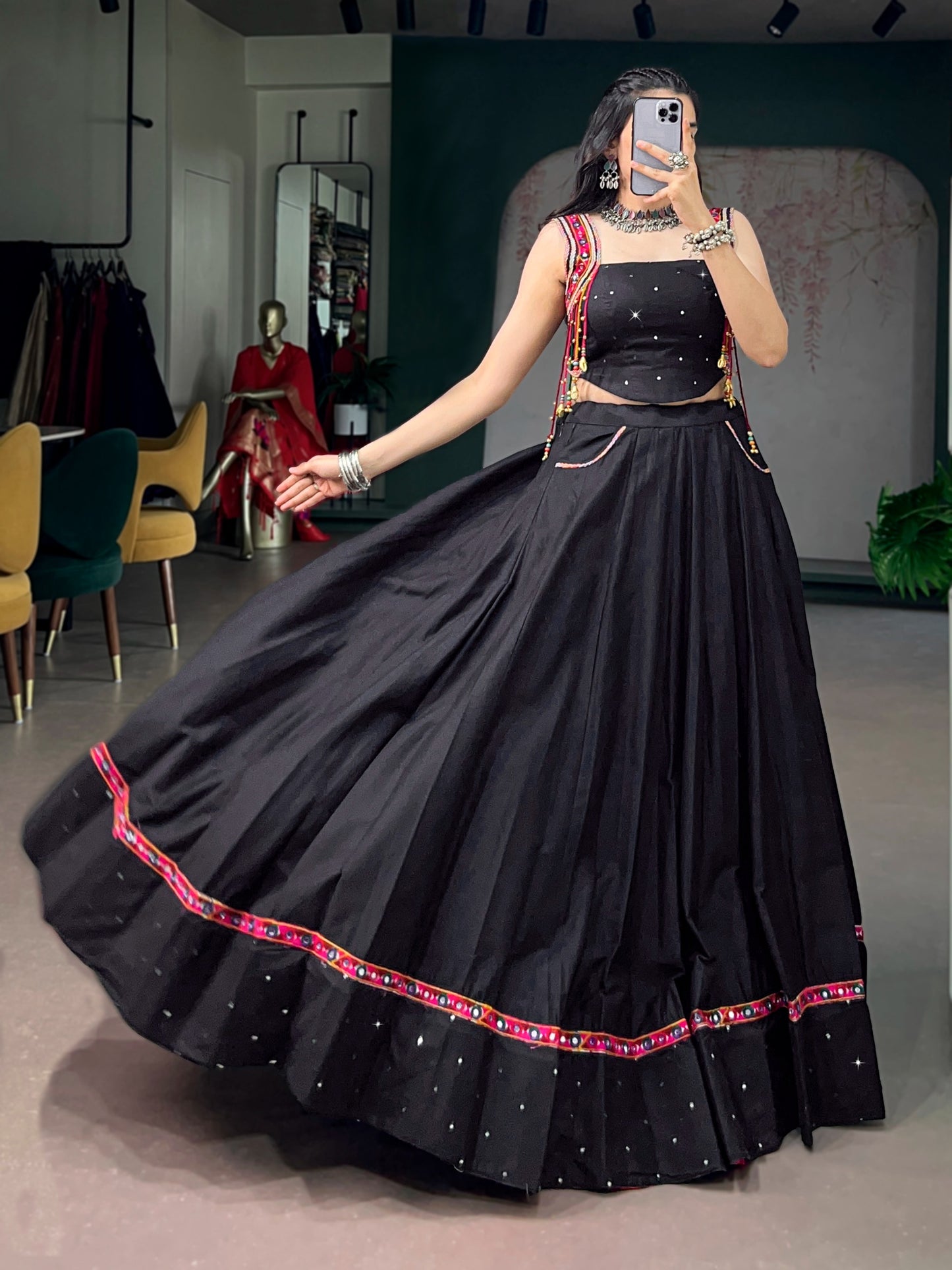 Cotton MIrror Work Navratri Crop Top Set