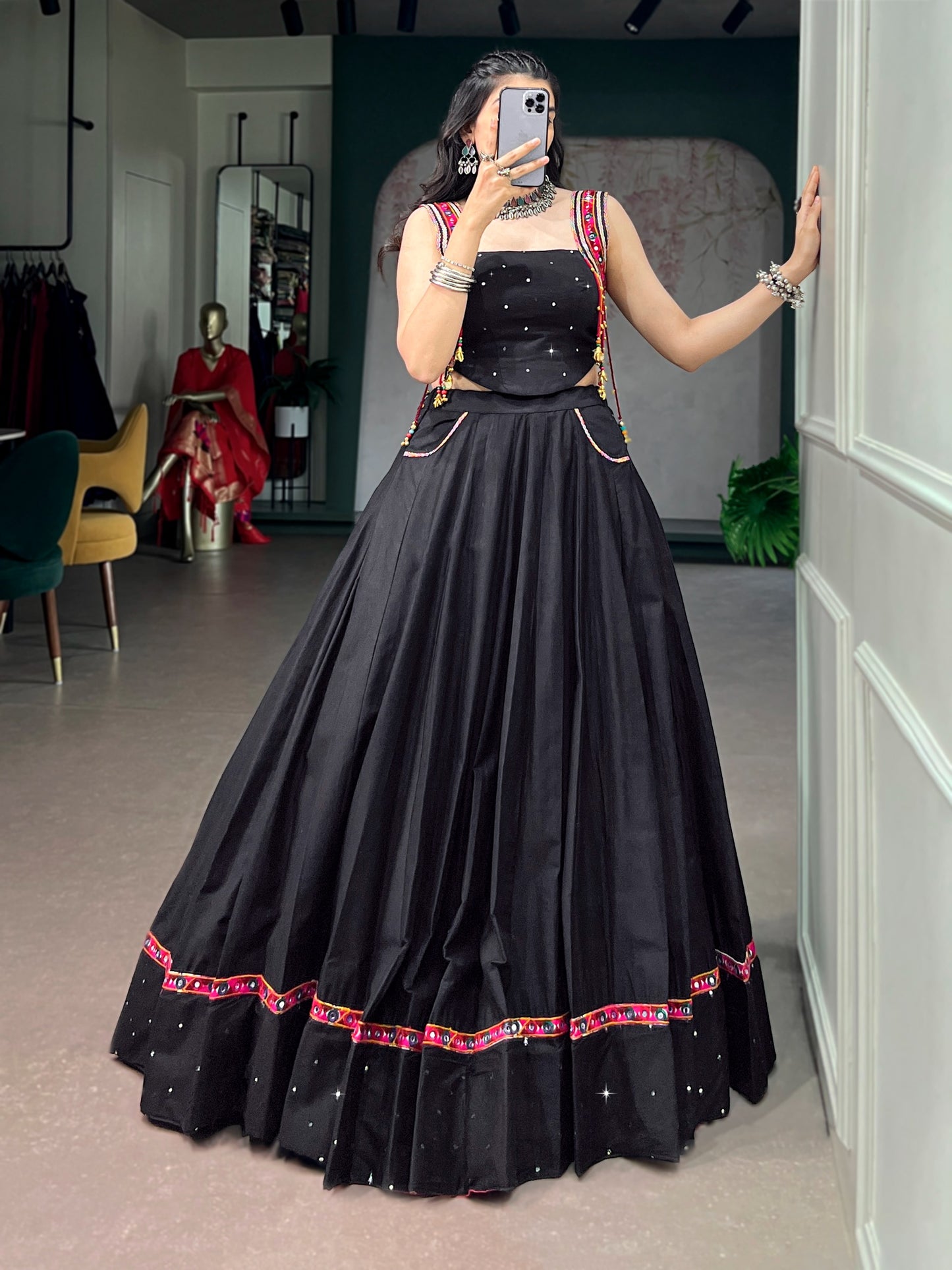 Cotton MIrror Work Navratri Crop Top Set
